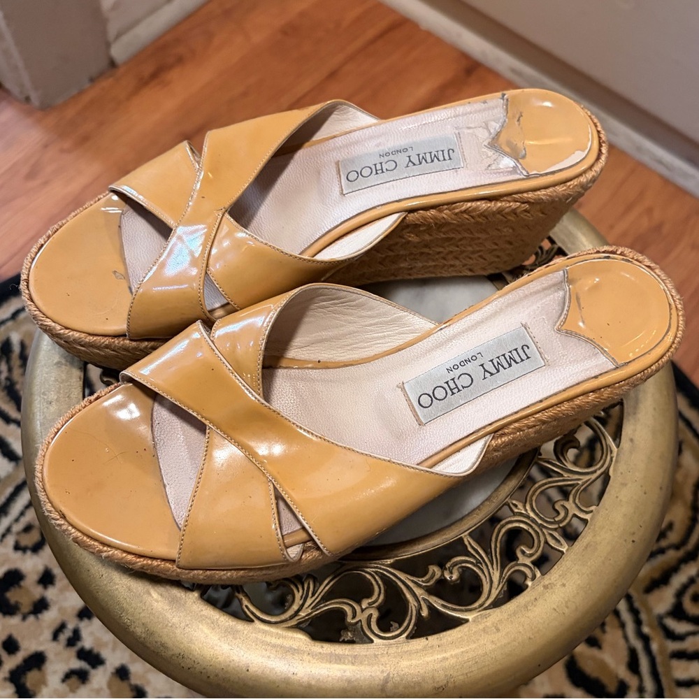 Jimmy Choo yellow leather crisscross espadrille mules size 38